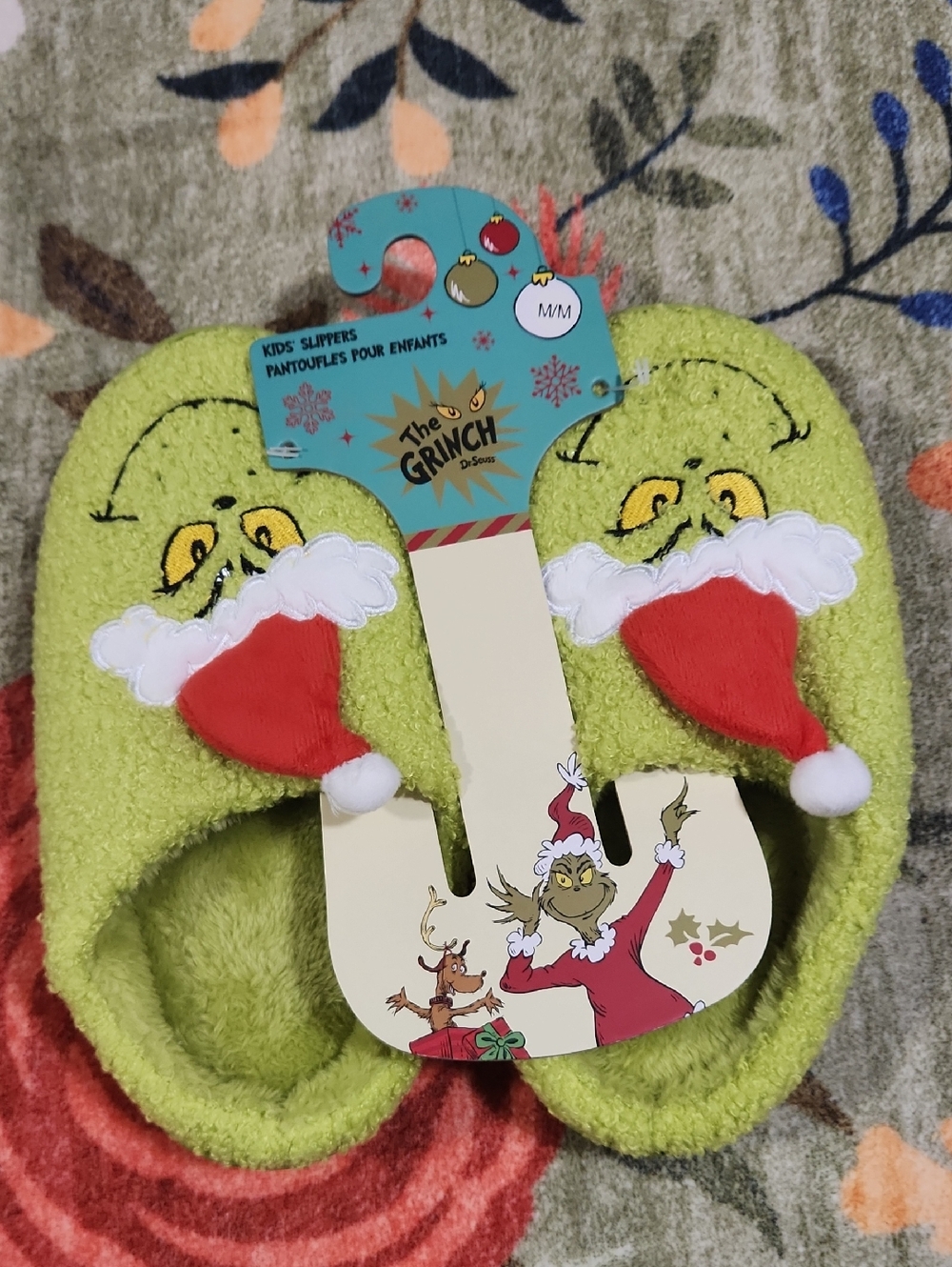 The Grinch Kids Aged 10/12  Slippers - Lime Green with Red Hat Accent